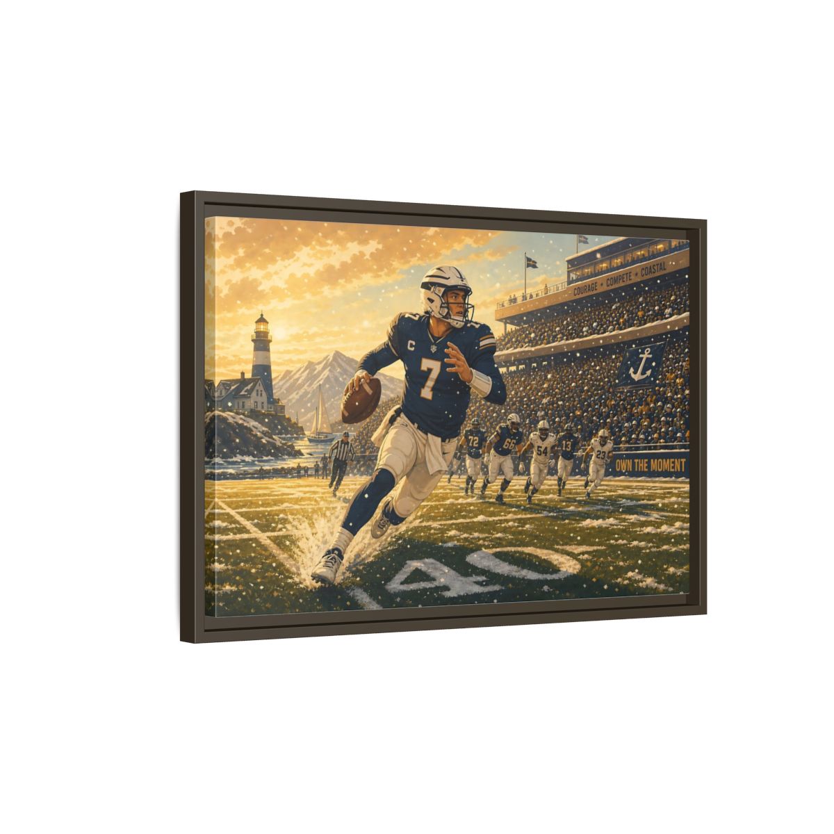 Side Mockup 2. Coastal Quarterback In Action shown as framed canvas print