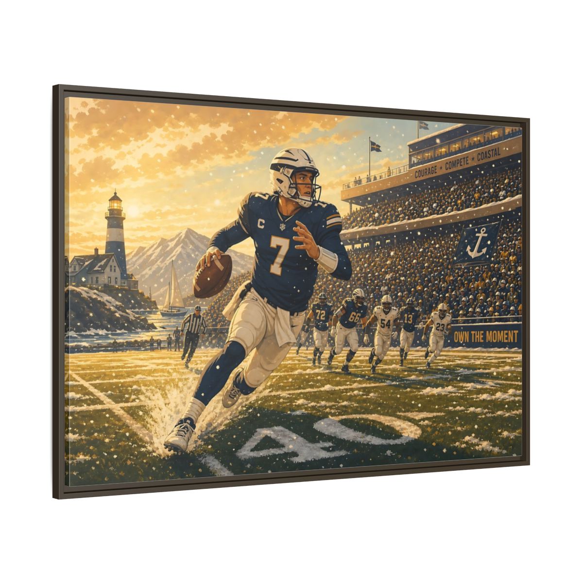 Side Mockup 8. Coastal Quarterback In Action shown as framed canvas print