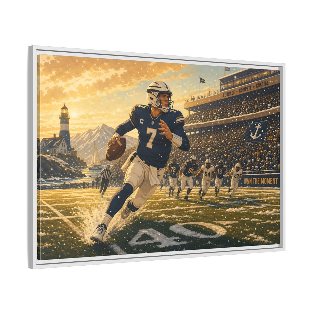 Side Mockup 9. Coastal Quarterback In Action shown as framed canvas print