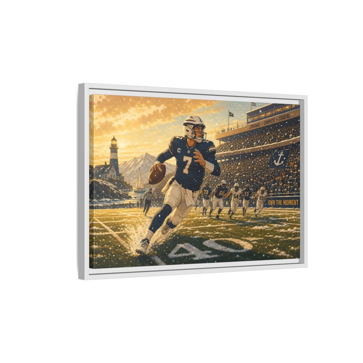 Side Mockup 1. Coastal Quarterback In Action shown as framed canvas print