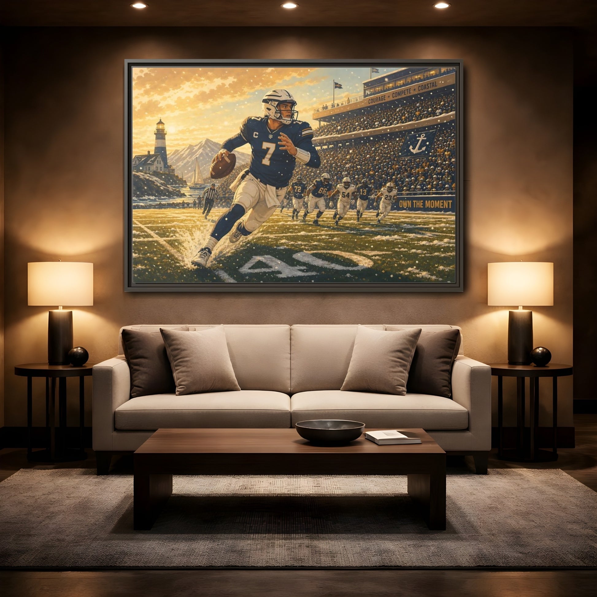 Mockup 2. Coastal Quarterback In Action shown as framed canvas print