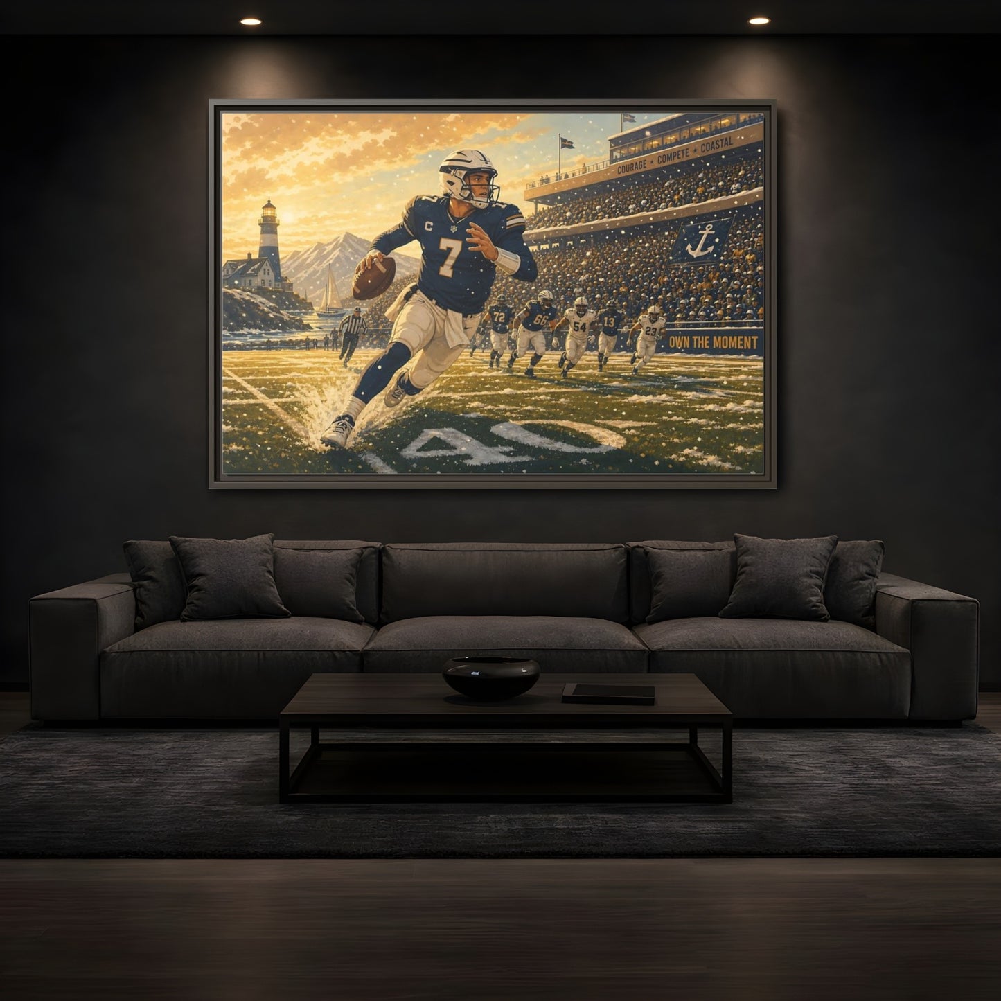 Mockup 3. Coastal Quarterback In Action shown as framed canvas print