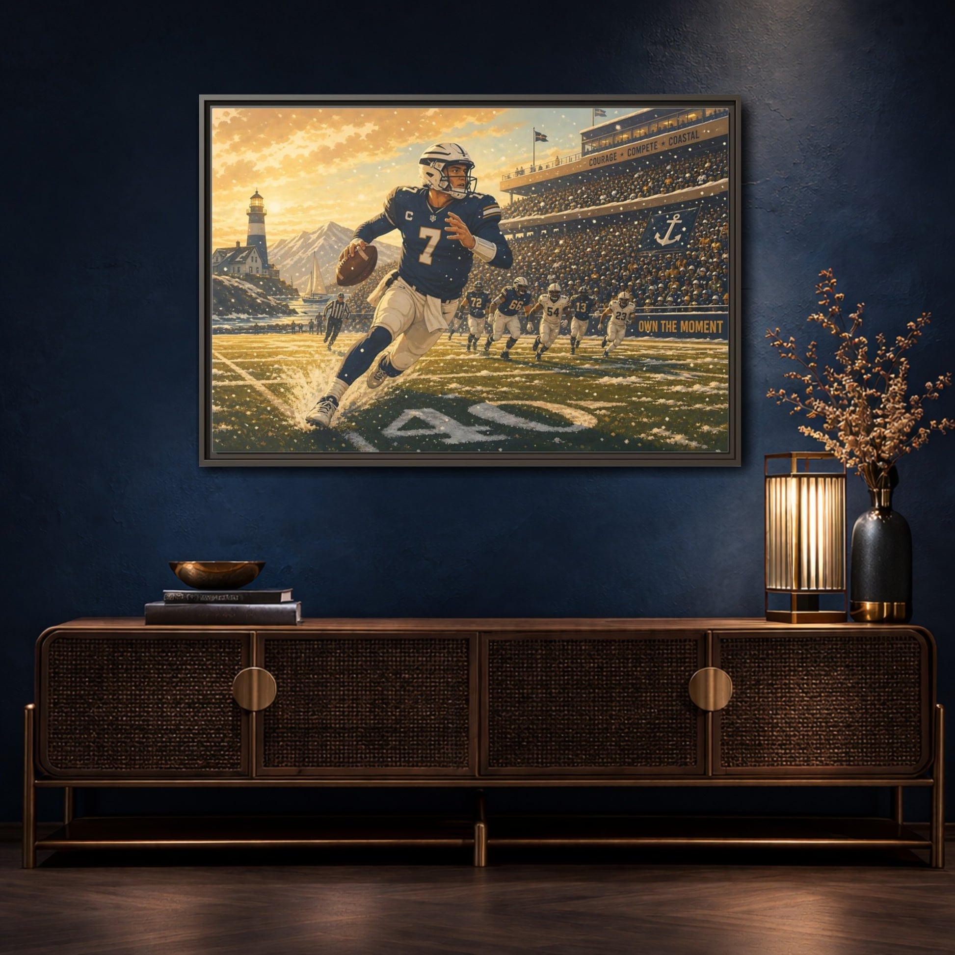 Mockup 4. Coastal Quarterback In Action shown as framed canvas print