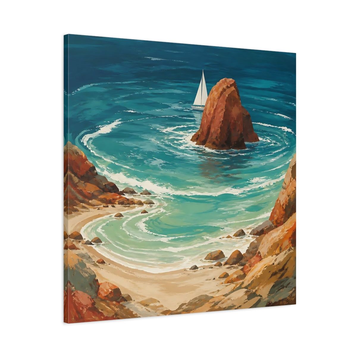 Main Mockup. Coastal Sea Stack With Sailboat shown as canvas print