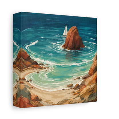Side Mockup 2. Coastal Sea Stack With Sailboat shown as canvas print