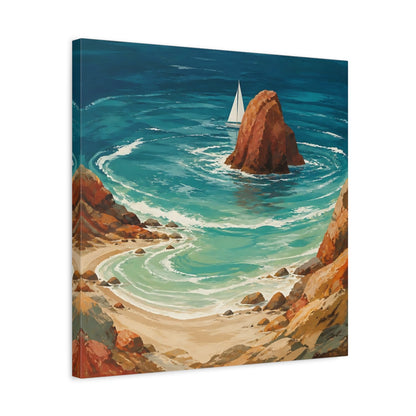 Side Mockup 5. Coastal Sea Stack With Sailboat shown as canvas print