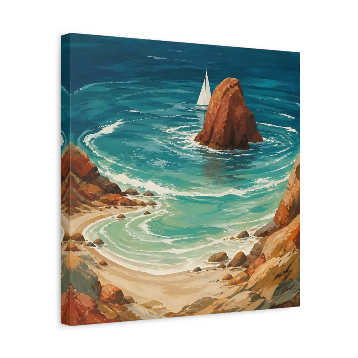 Side Mockup 6. Coastal Sea Stack With Sailboat shown as canvas print