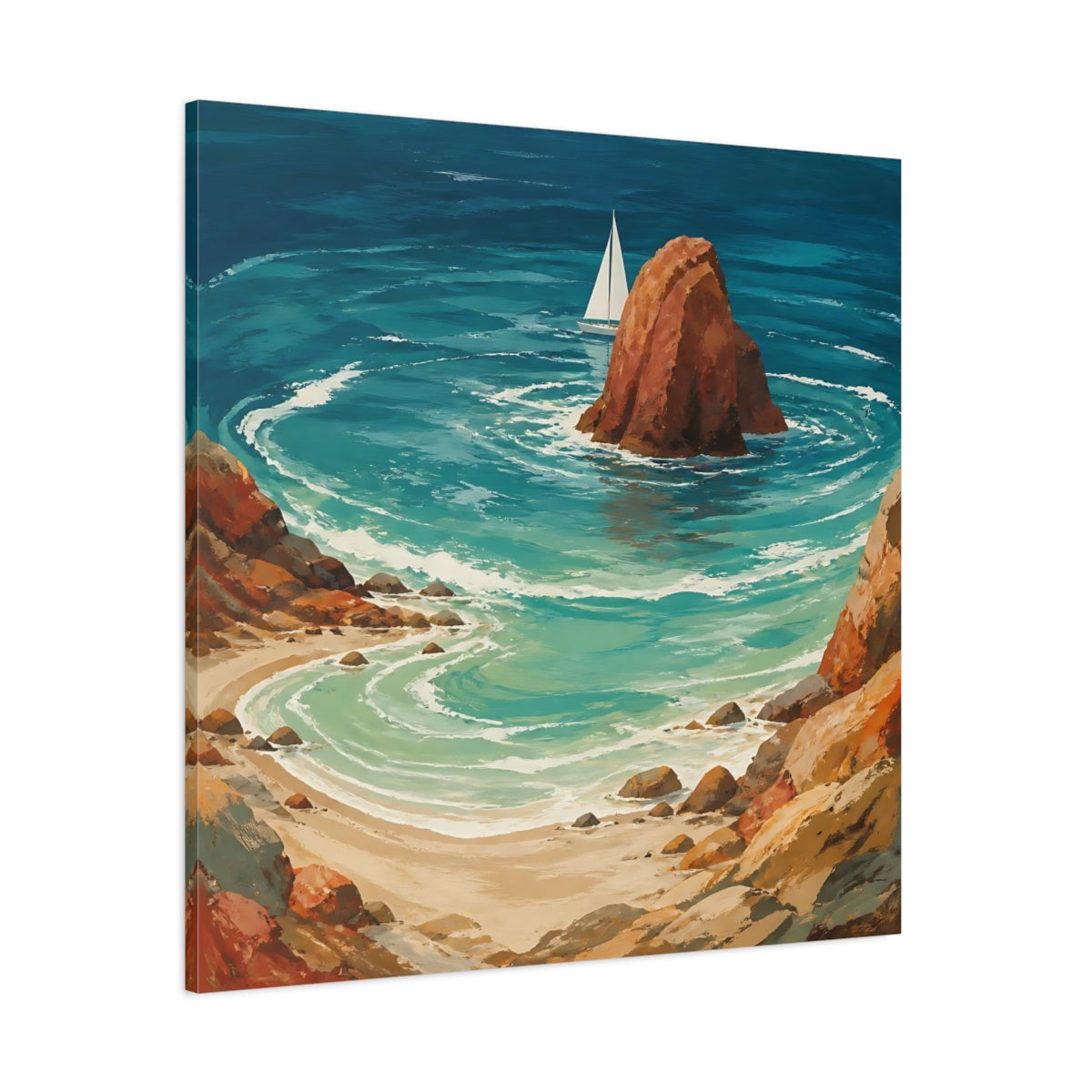 Side Mockup 1. Coastal Sea Stack With Sailboat shown as canvas print