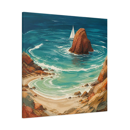 Side Mockup 1. Coastal Sea Stack With Sailboat shown as canvas print