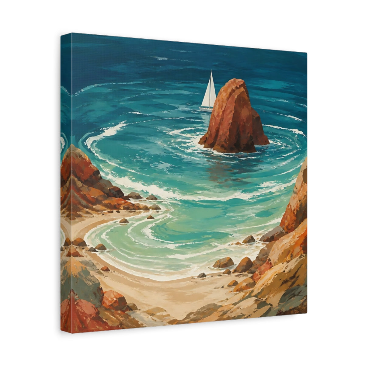 Side Mockup 7. Coastal Sea Stack With Sailboat shown as canvas print