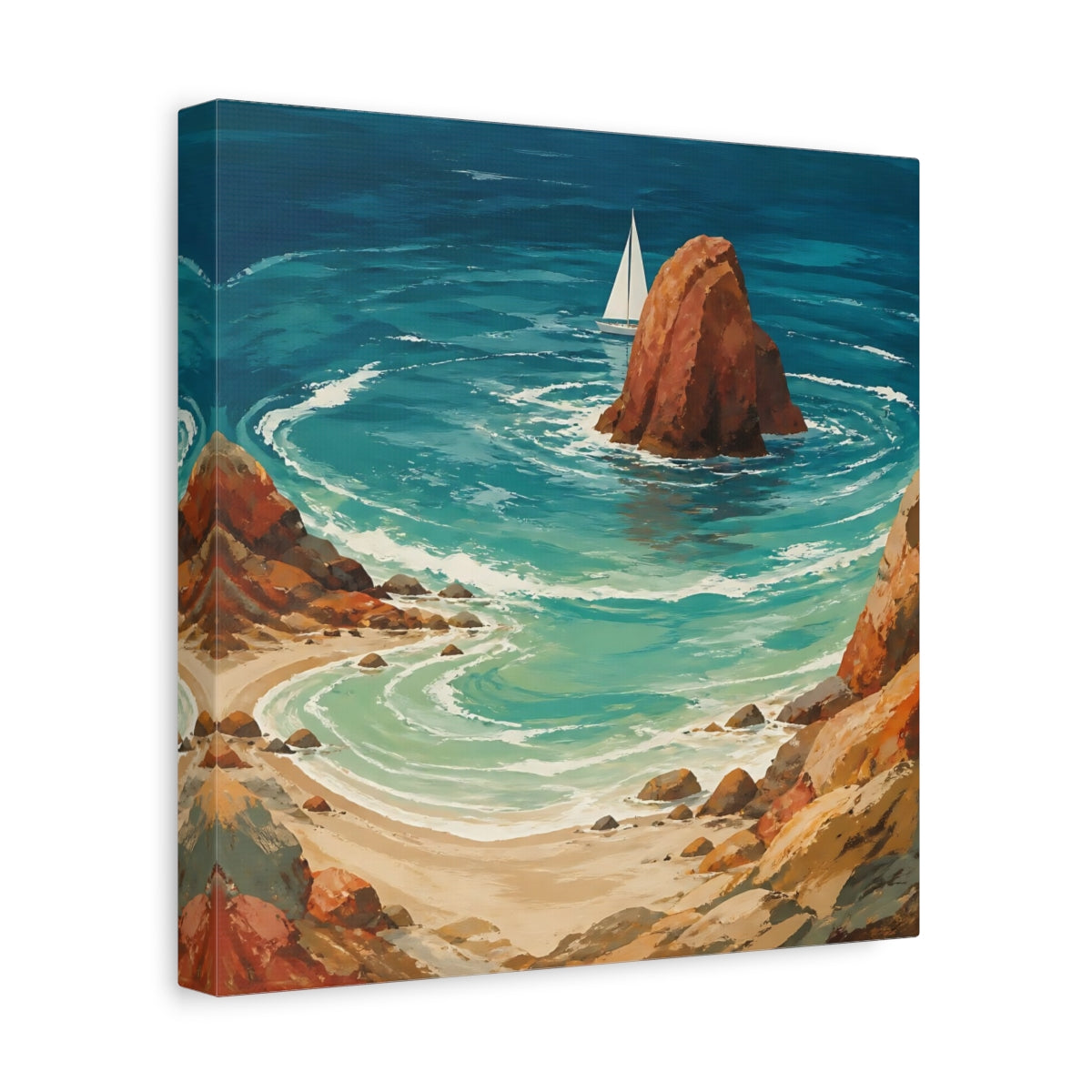 Side Mockup 8. Coastal Sea Stack With Sailboat shown as canvas print