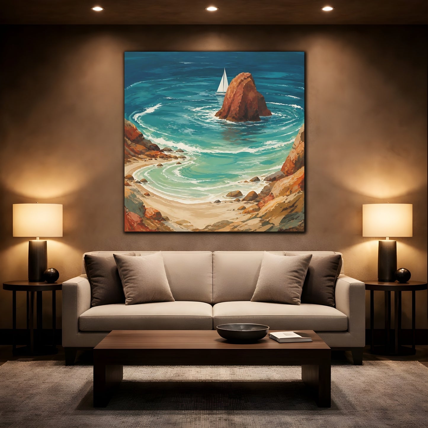 Mockup 2. Coastal Sea Stack With Sailboat shown as canvas print