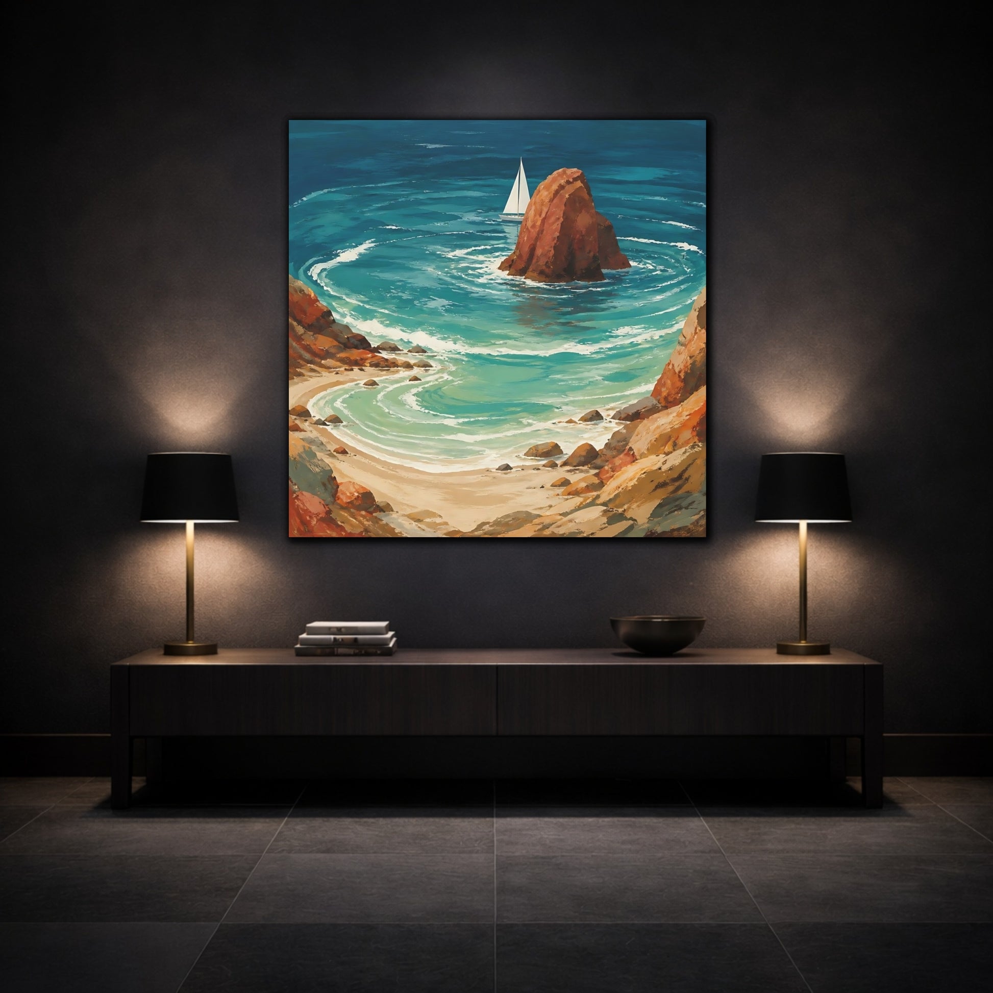 Mockup 3. Coastal Sea Stack With Sailboat shown as canvas print