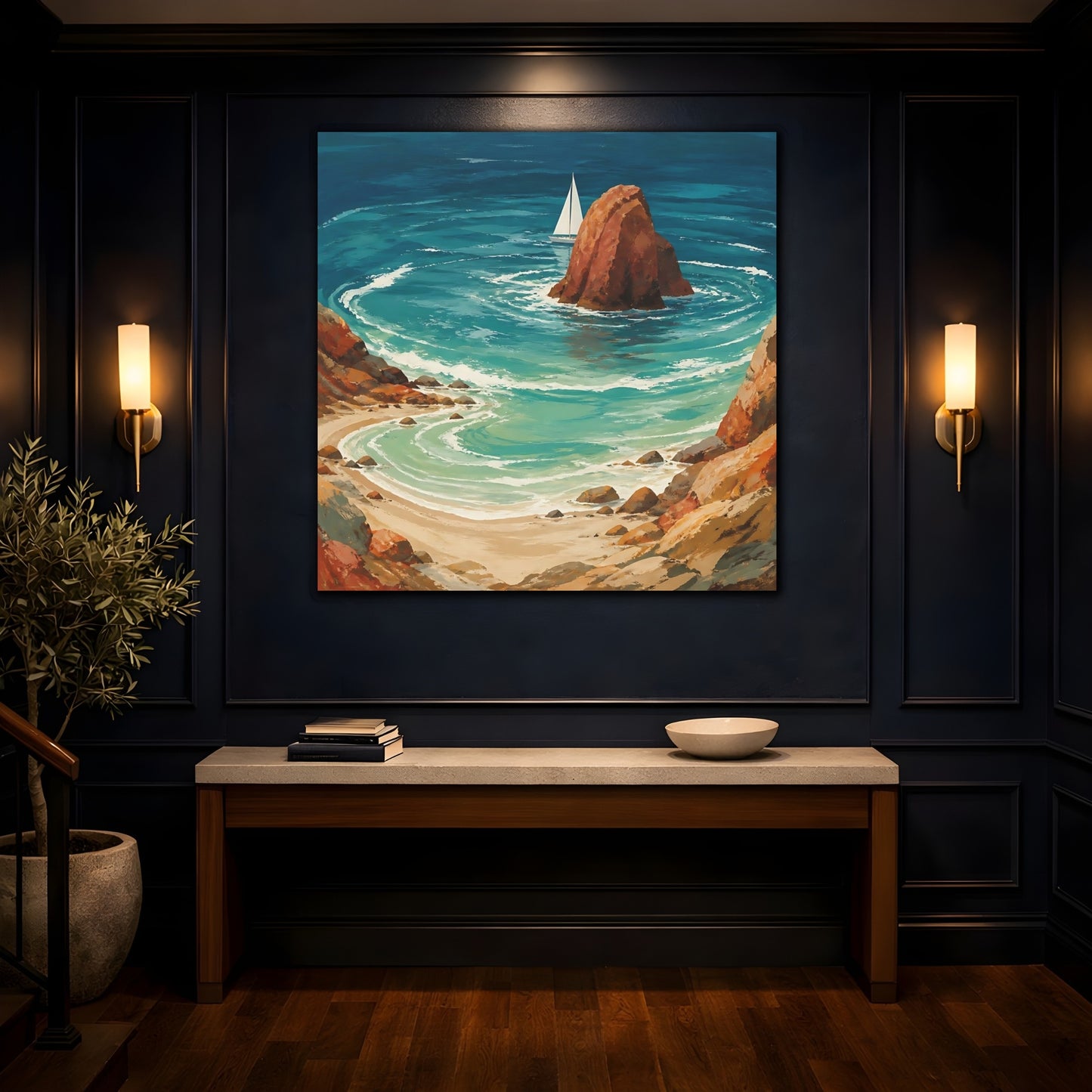 Mockup 4. Coastal Sea Stack With Sailboat shown as canvas print