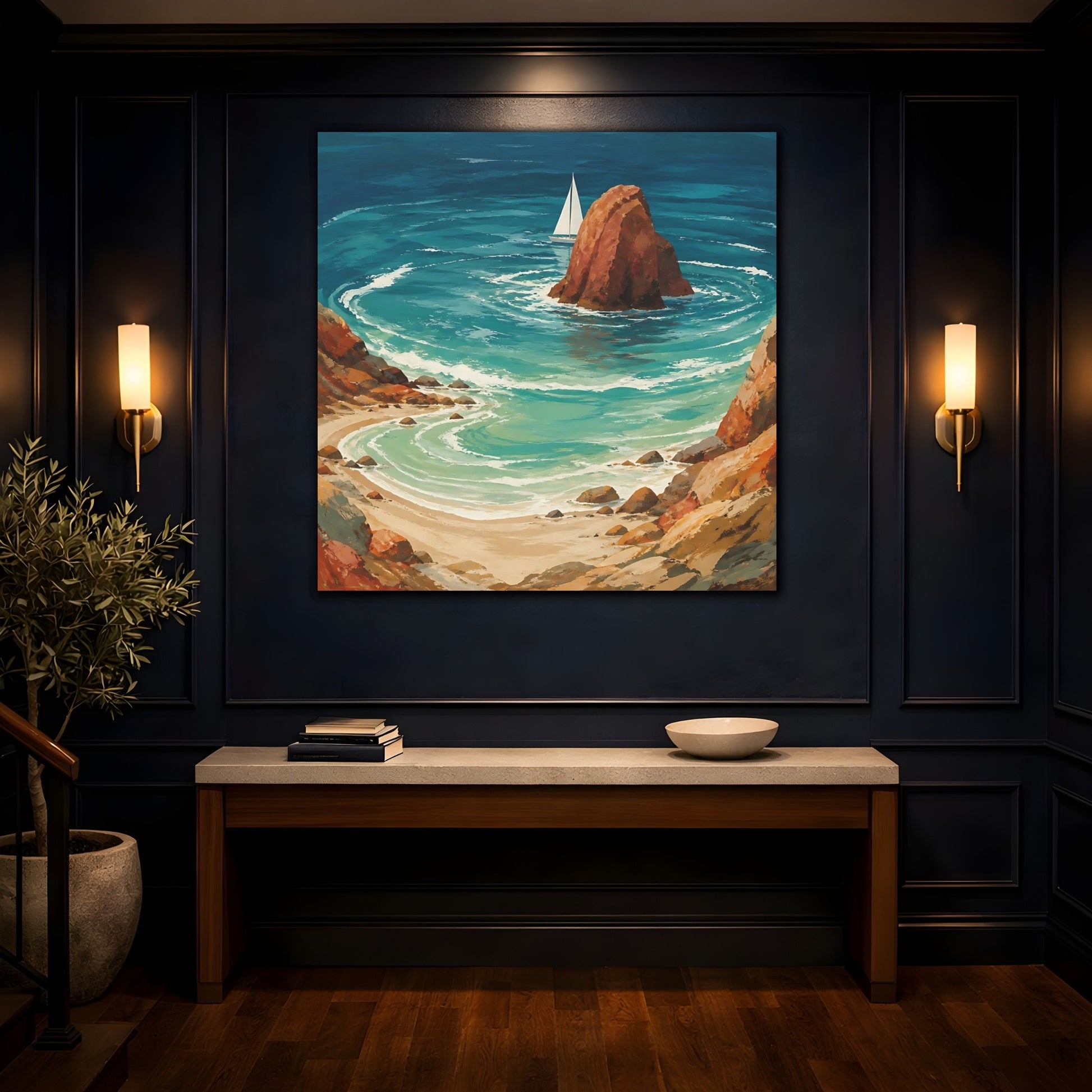 Mockup 4. Coastal Sea Stack With Sailboat shown as canvas print