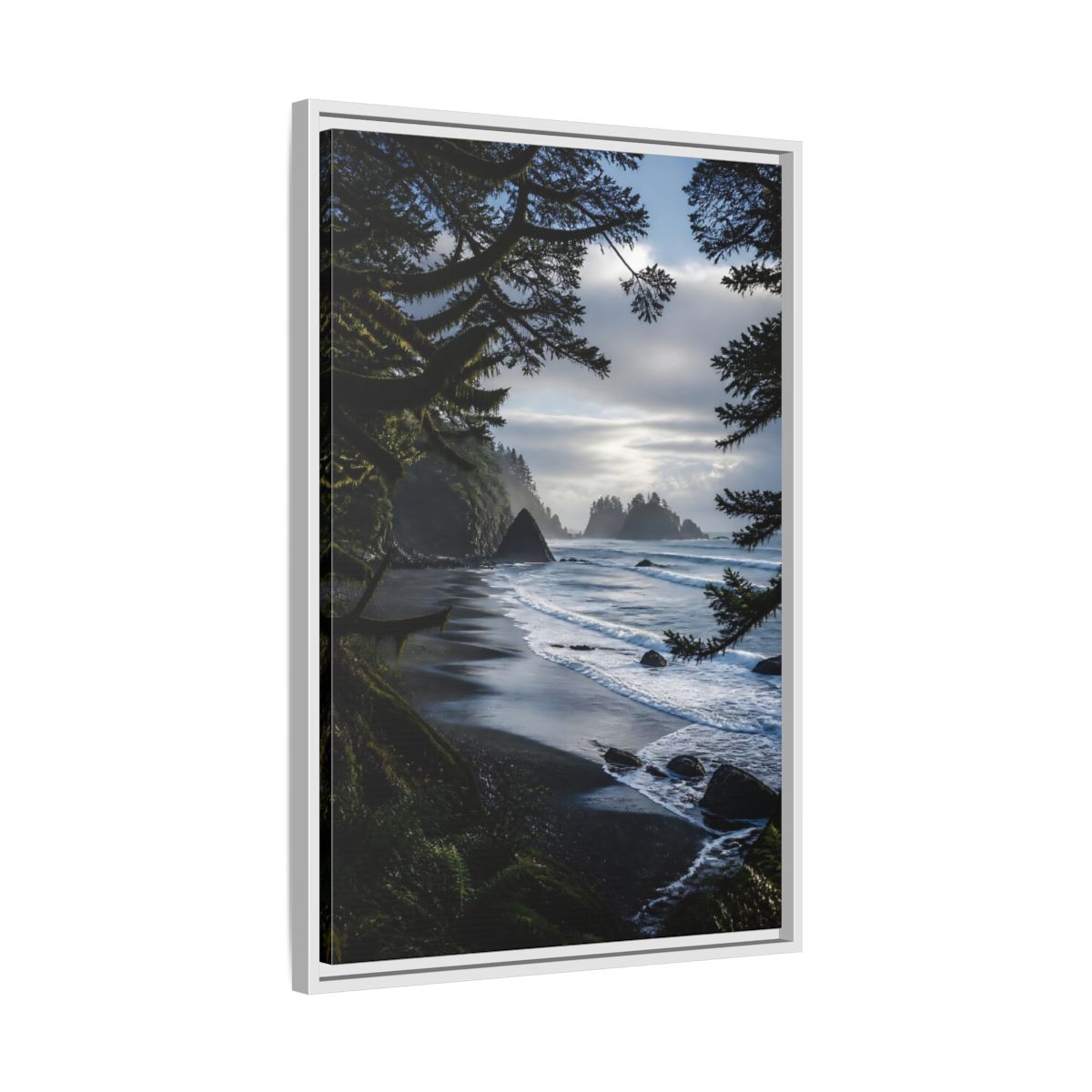 Side Mockup 10. Coastal Sea Stacks shown as framed canvas print