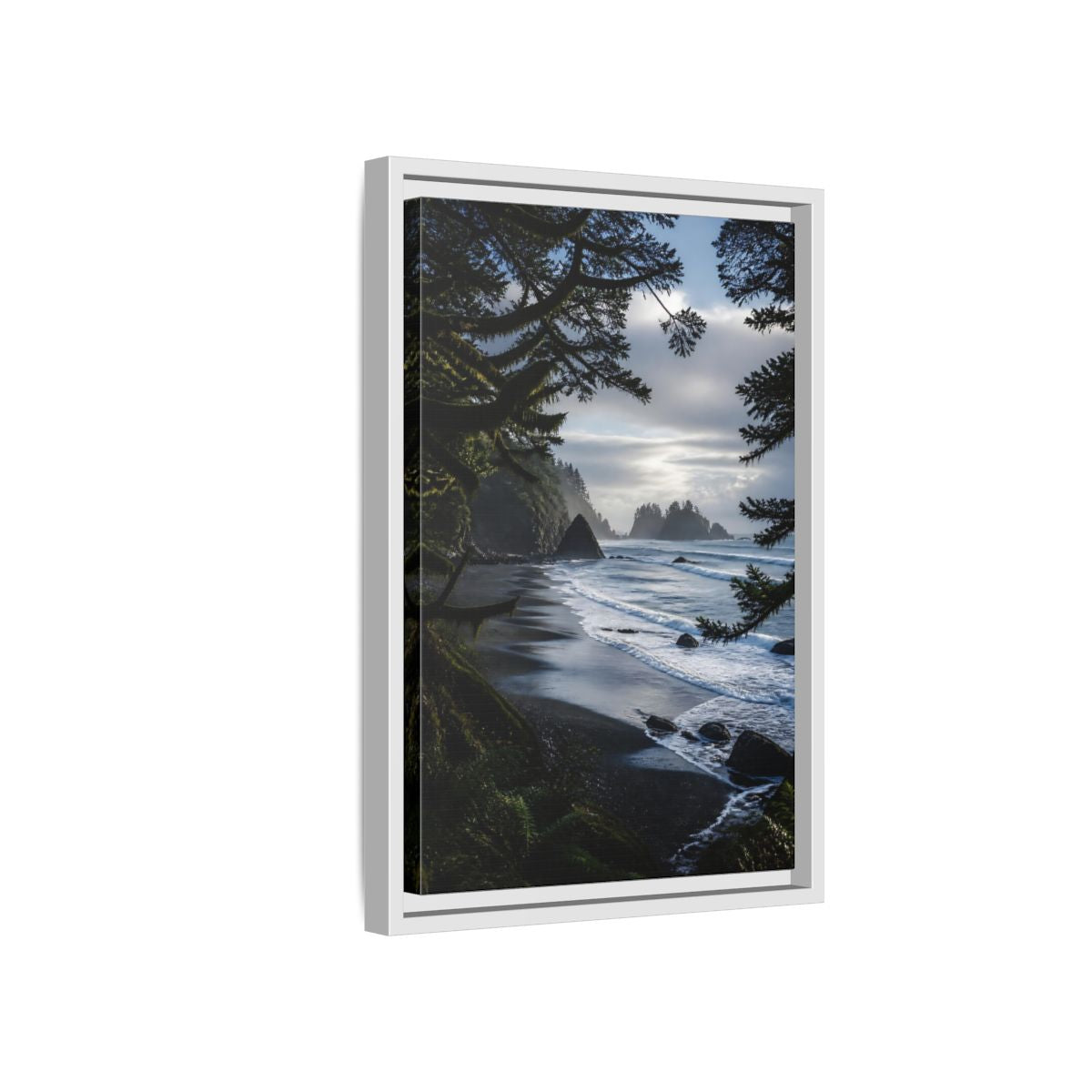 Side Mockup 4. Coastal Sea Stacks shown as framed canvas print