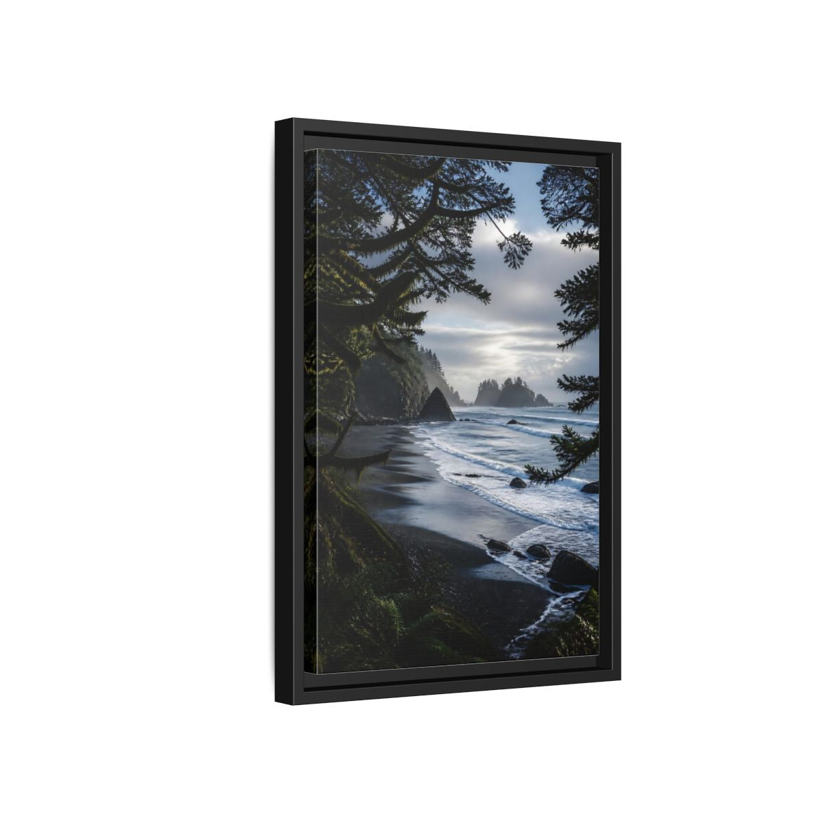 Side Mockup 6. Coastal Sea Stacks shown as framed canvas print