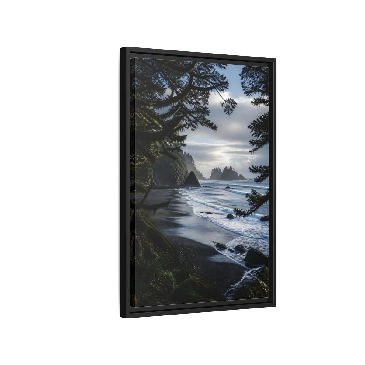Side Mockup 3. Coastal Sea Stacks shown as framed canvas print