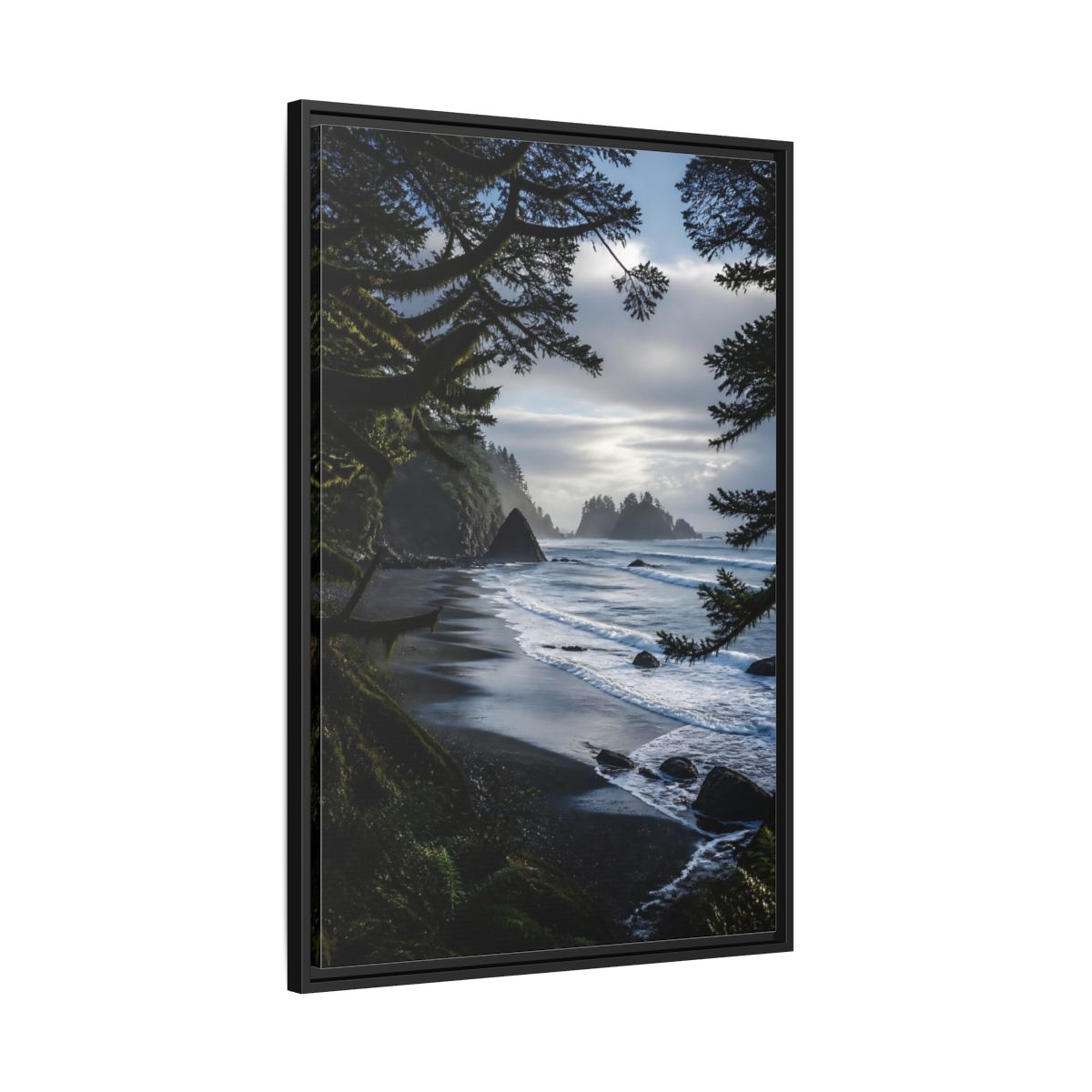 Side Mockup 13. Coastal Sea Stacks shown as framed canvas print