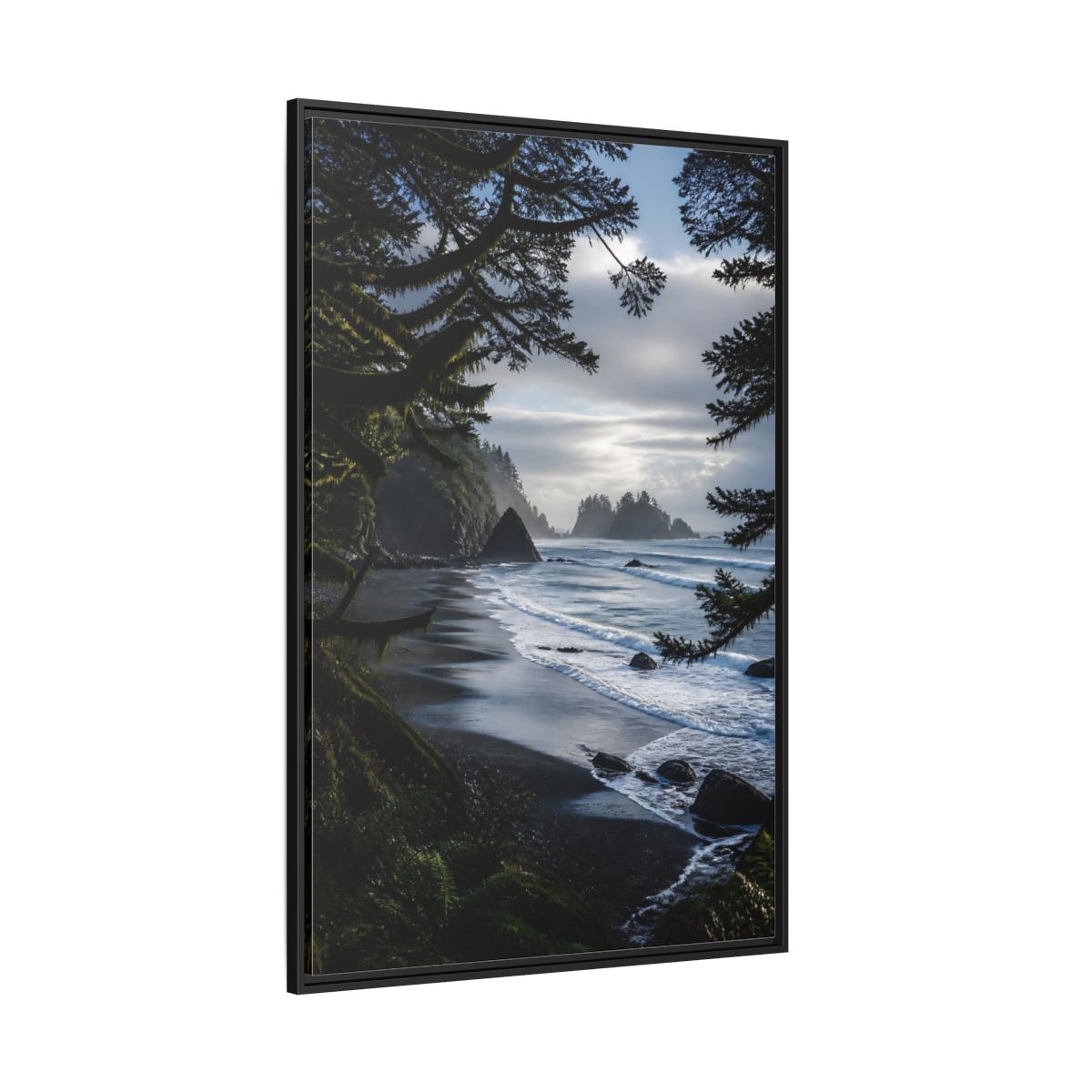 Side Mockup 12. Coastal Sea Stacks shown as framed canvas print