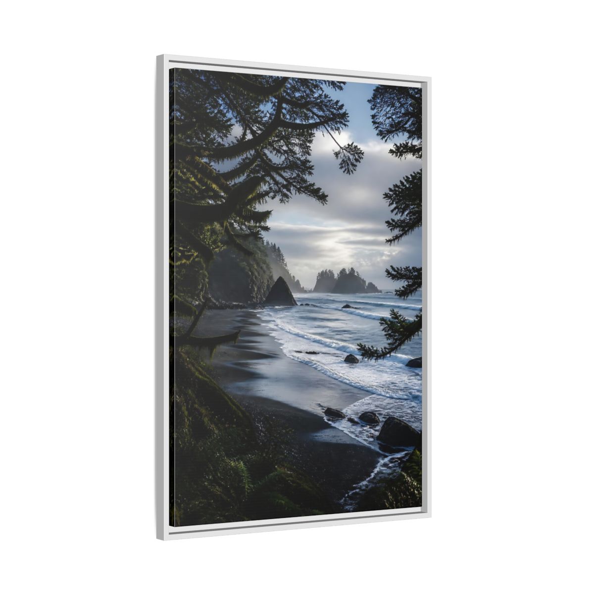 Side Mockup 9. Coastal Sea Stacks shown as framed canvas print