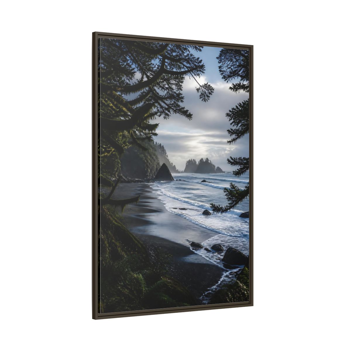 Side Mockup 8. Coastal Sea Stacks shown as framed canvas print