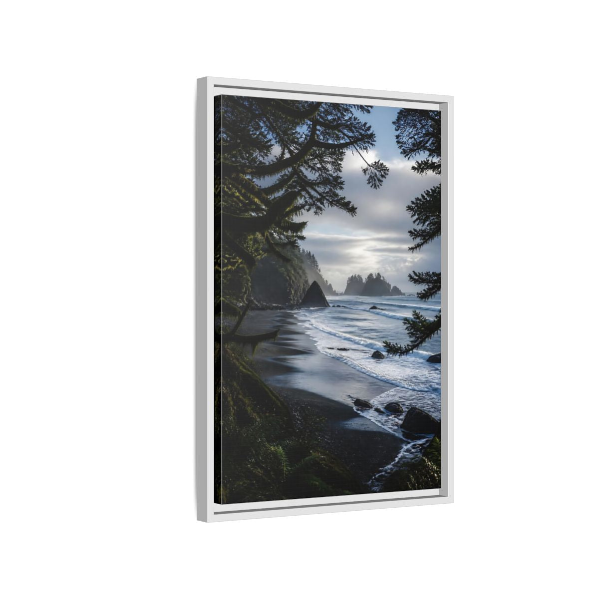 Side Mockup 1. Coastal Sea Stacks shown as framed canvas print
