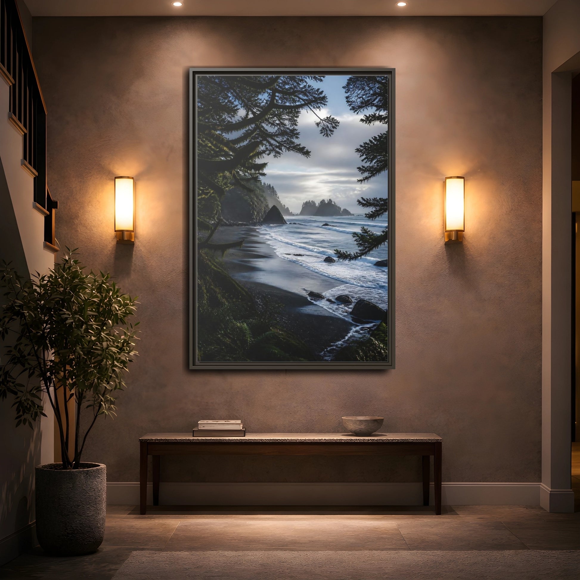 Mockup 2. Coastal Sea Stacks shown as framed canvas print