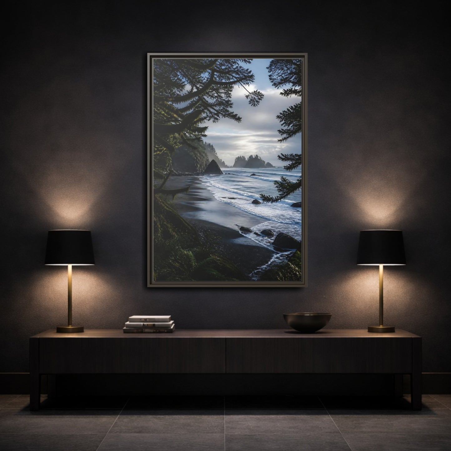 Mockup 3. Coastal Sea Stacks shown as framed canvas print