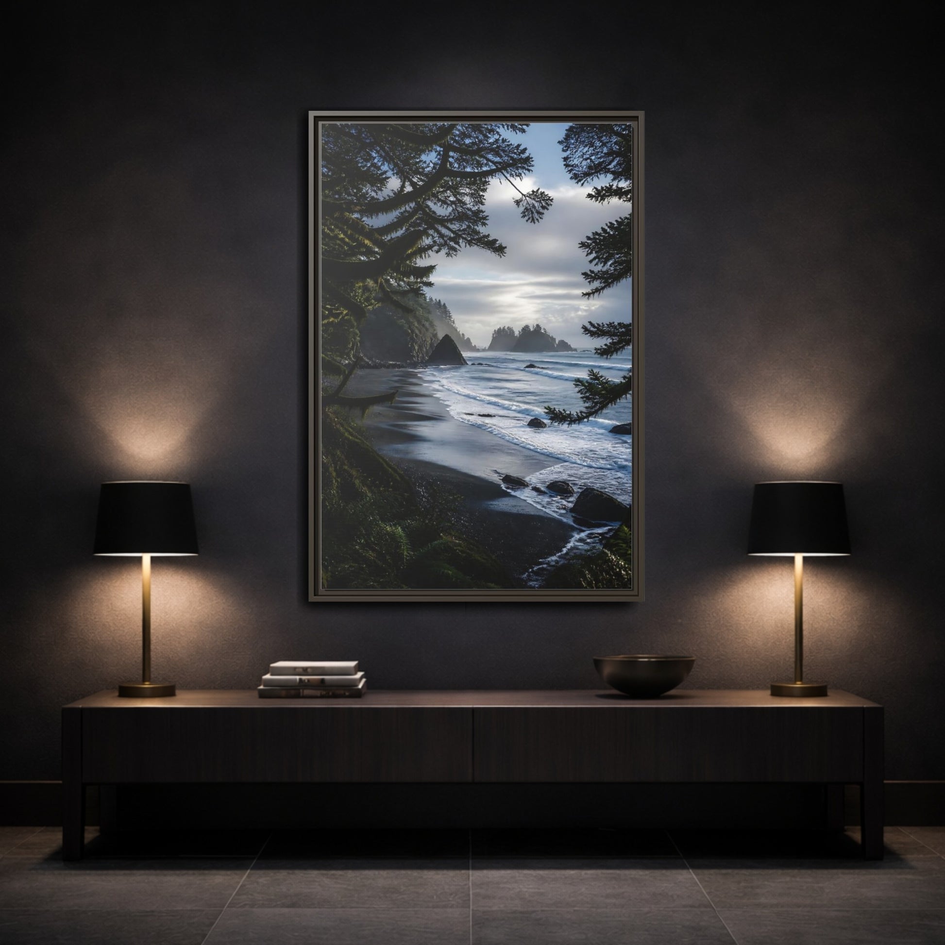 Mockup 3. Coastal Sea Stacks shown as framed canvas print