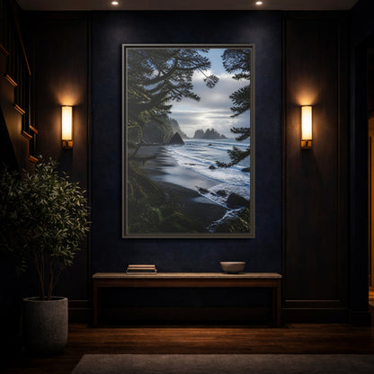 Mockup 4. Coastal Sea Stacks shown as framed canvas print