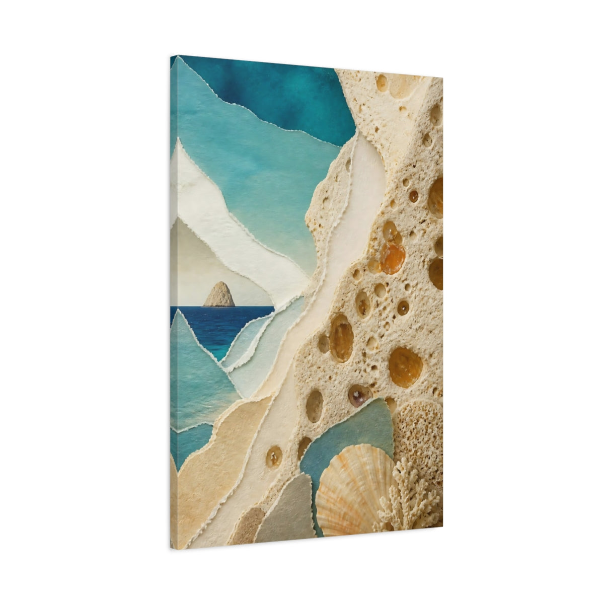 Main Mockup. Coastal Seashell Collage shown as canvas print