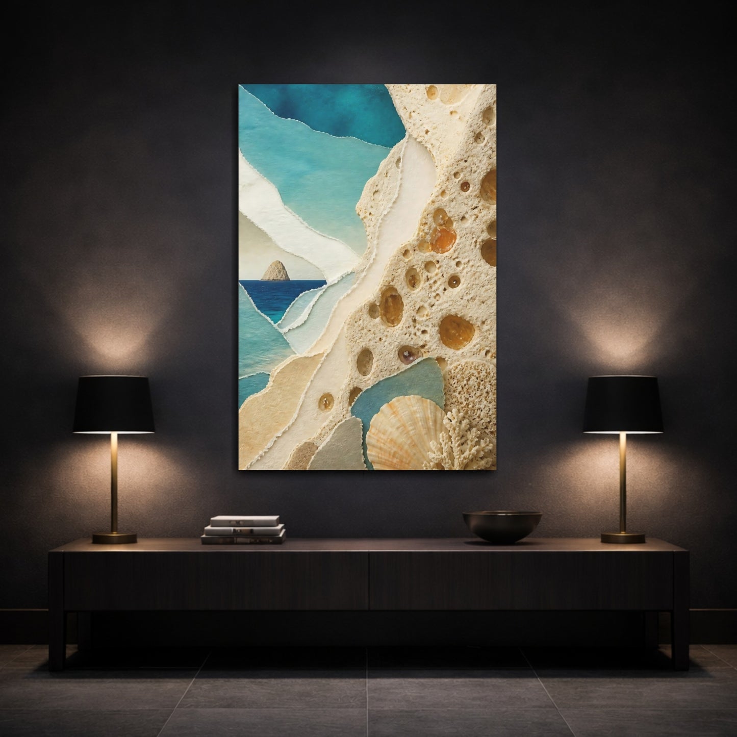 Mockup 3. Coastal Seashell Collage shown as canvas print
