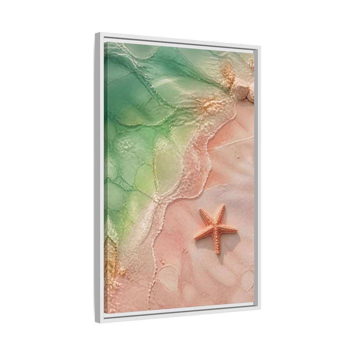 Side Mockup 10. Coastal Starfish On Sand shown as framed canvas print