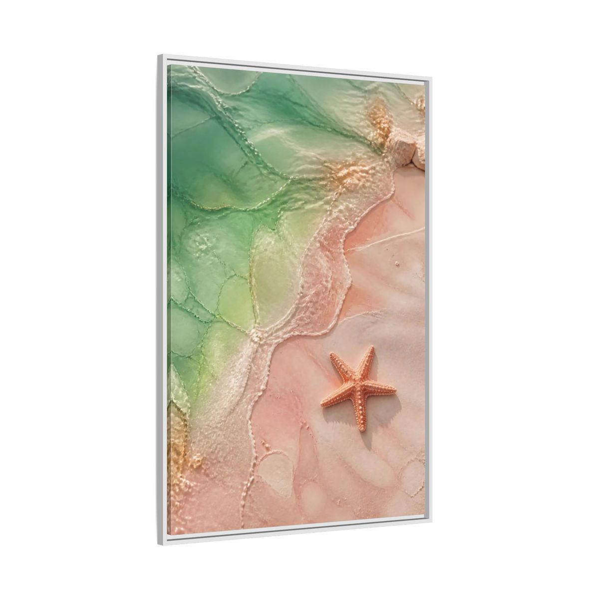 Side Mockup 7. Coastal Starfish On Sand shown as framed canvas print