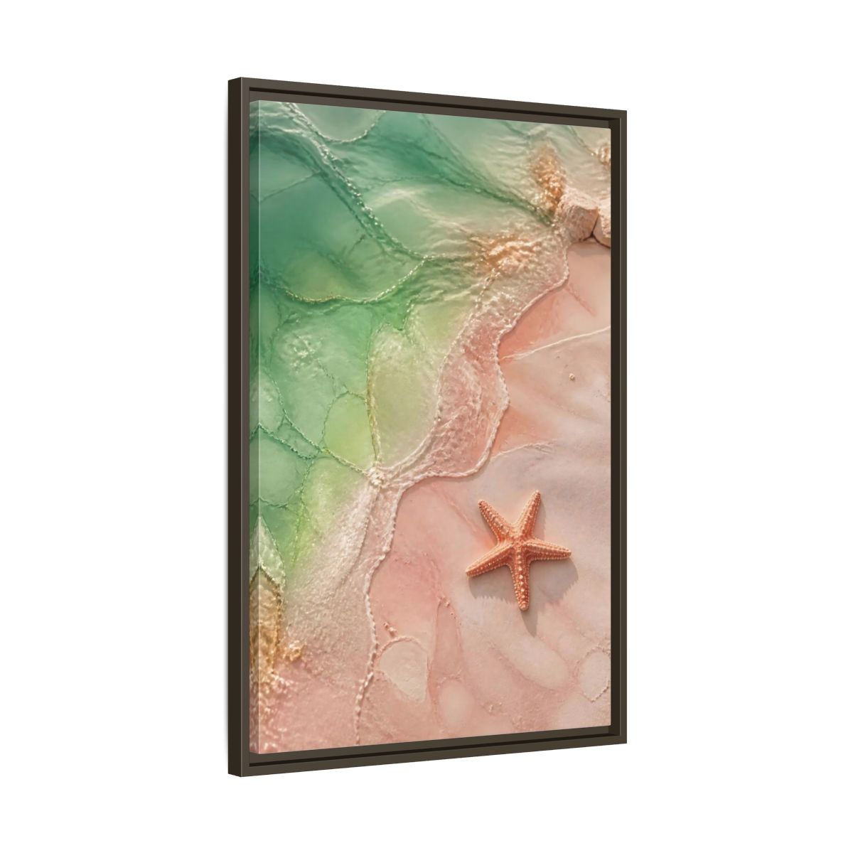 Side Mockup 11. Coastal Starfish On Sand shown as framed canvas print