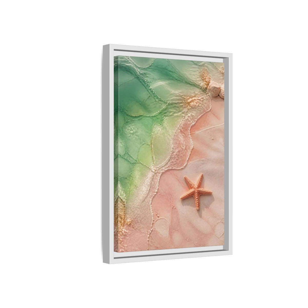 Side Mockup 4. Coastal Starfish On Sand shown as framed canvas print