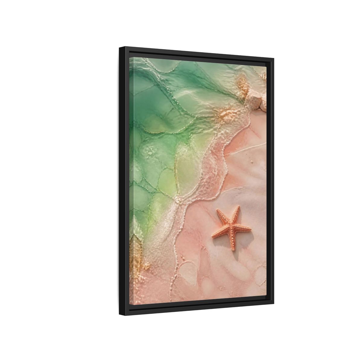 Side Mockup 3. Coastal Starfish On Sand shown as framed canvas print