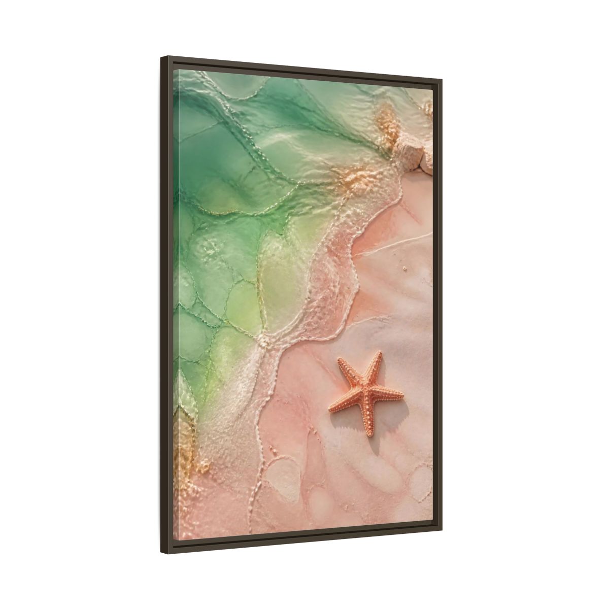 Main Mockup. Coastal Starfish On Sand shown as framed canvas print