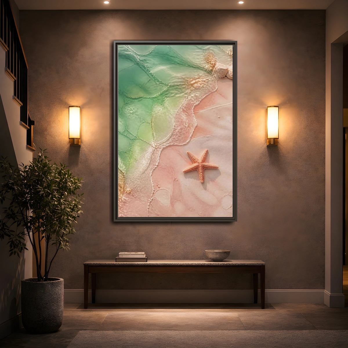Mockup 2. Coastal Starfish On Sand shown as framed canvas print
