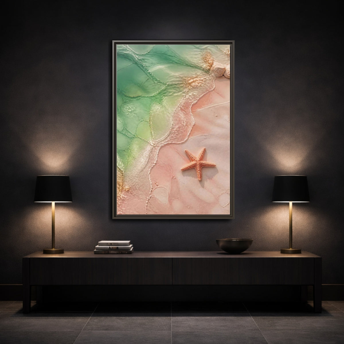 Mockup 3. Coastal Starfish On Sand shown as framed canvas print
