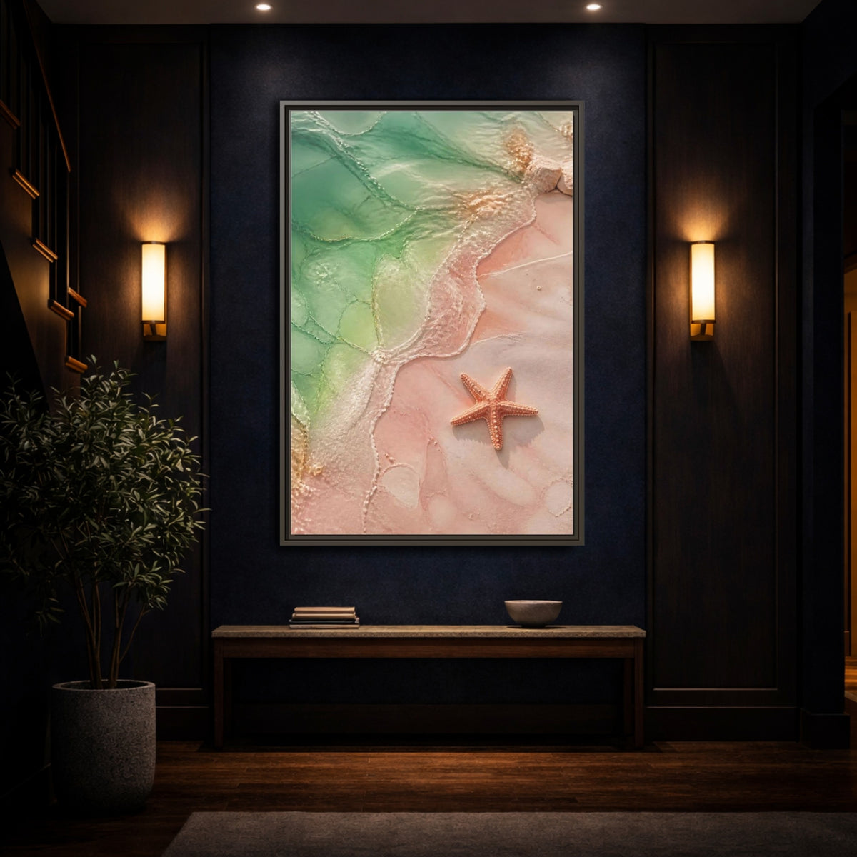 Mockup 4. Coastal Starfish On Sand shown as framed canvas print