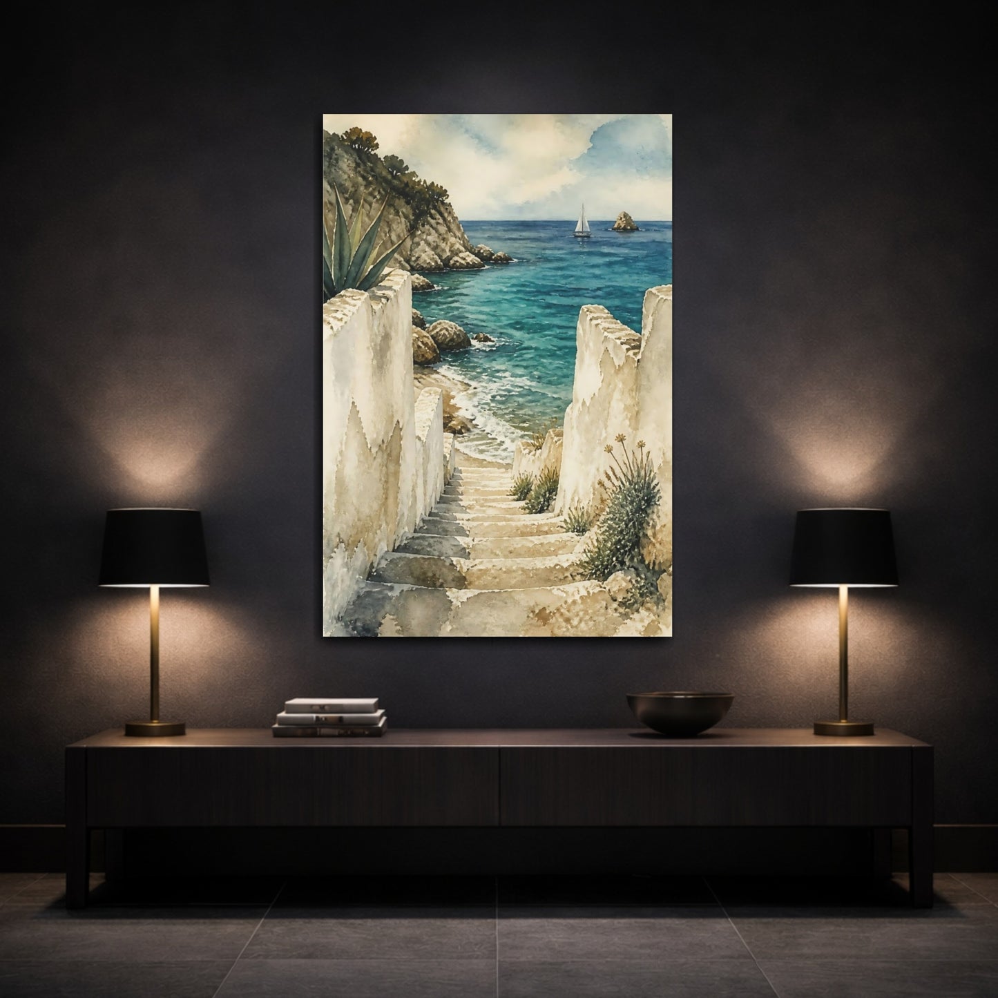 Mockup 3. Coastal Stone Stairs shown as canvas print
