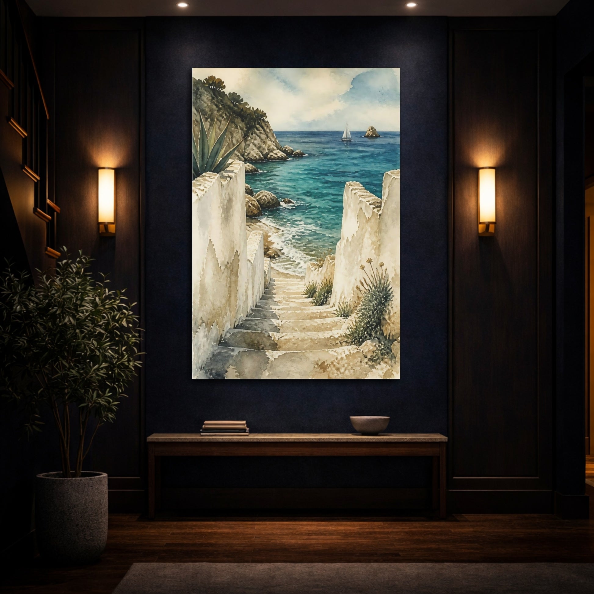 Mockup 4. Coastal Stone Stairs shown as canvas print