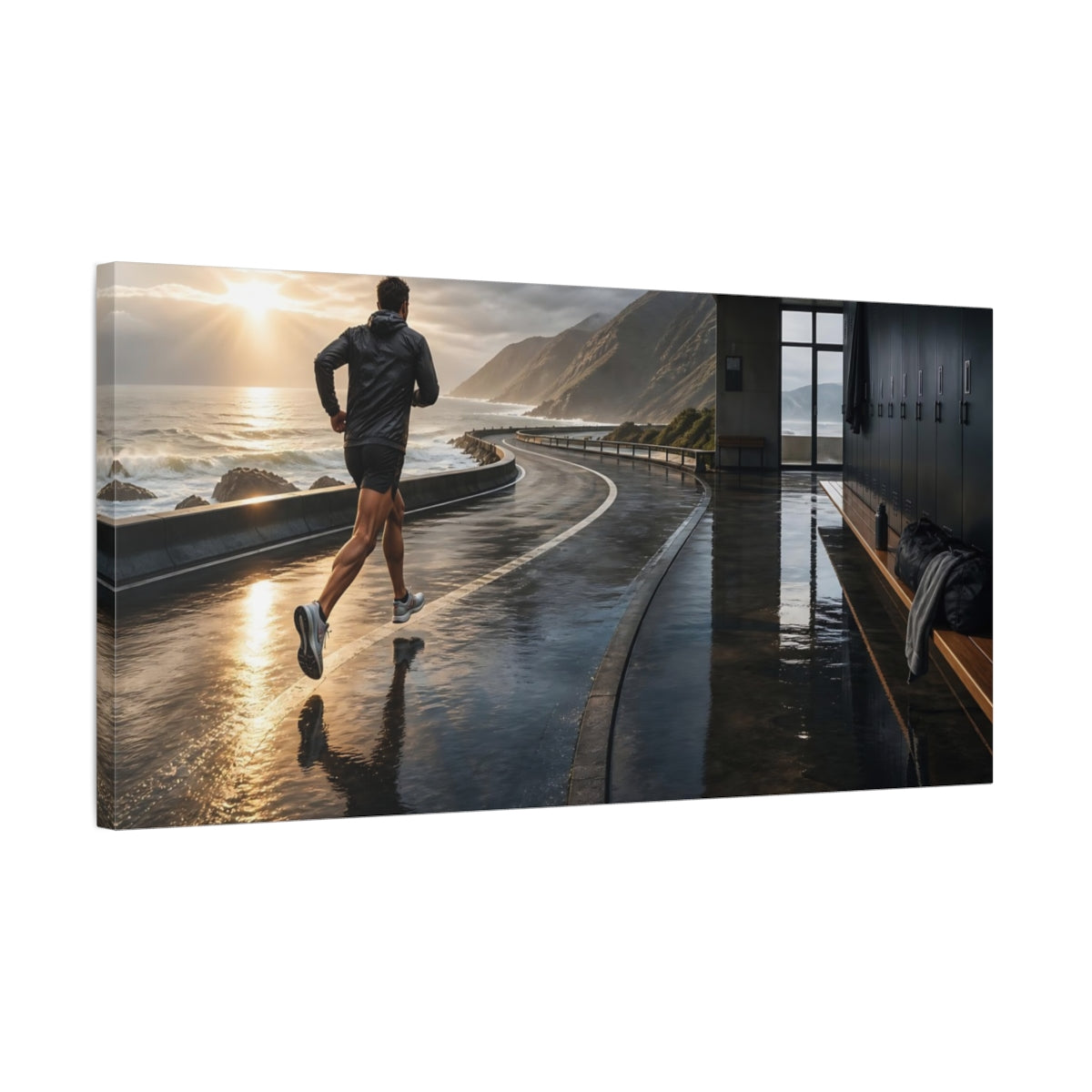 Side Mockup 1. Coastal Sunrise Runner shown as canvas print
