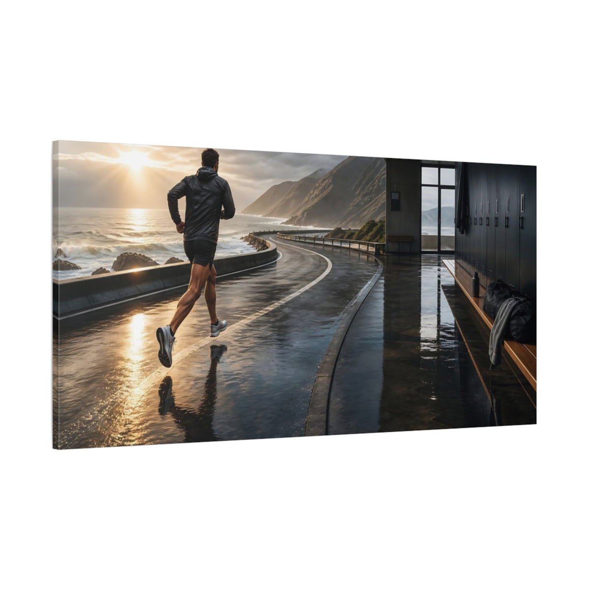 Side Mockup 2. Coastal Sunrise Runner shown as canvas print