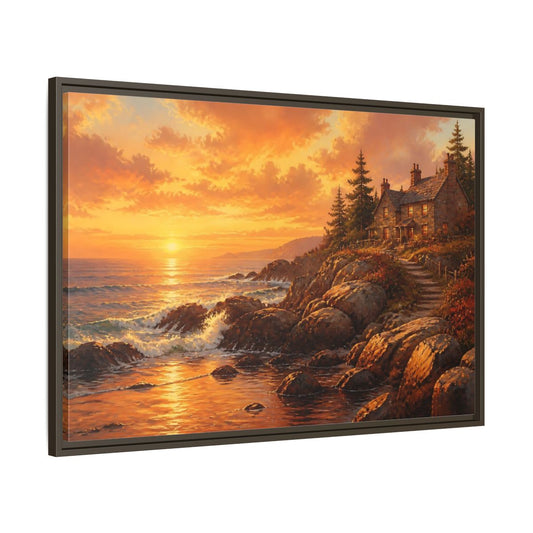 Main Mockup. Coastal Sunset Cottage shown as framed canvas print