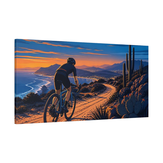 Main Mockup. Coastal Sunset Cyclist shown as canvas print