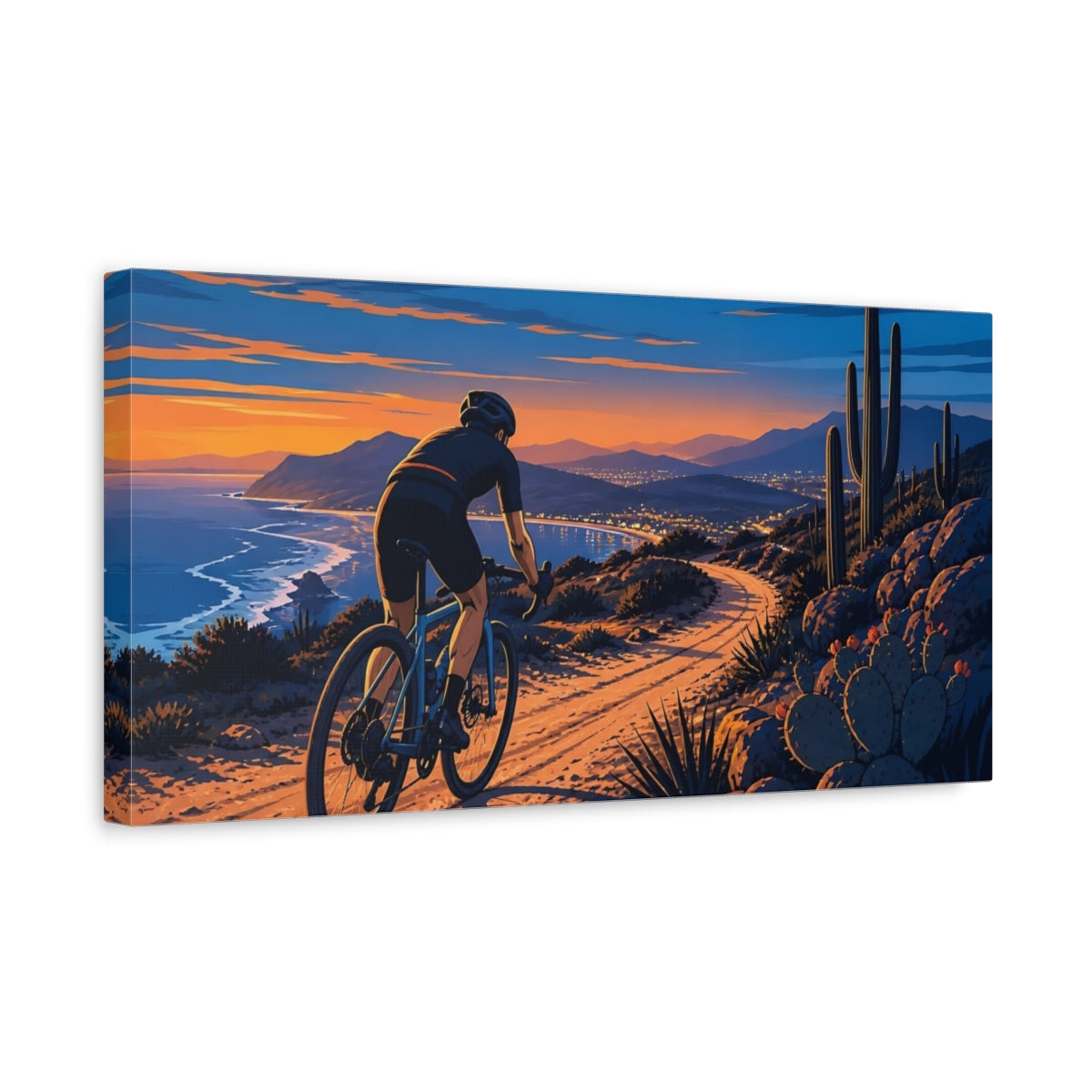 Side Mockup 3. Coastal Sunset Cyclist shown as canvas print